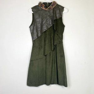BOUTIQUE Brand Faux Suede Tiered Green High Neck Mini Dress Small Sequin